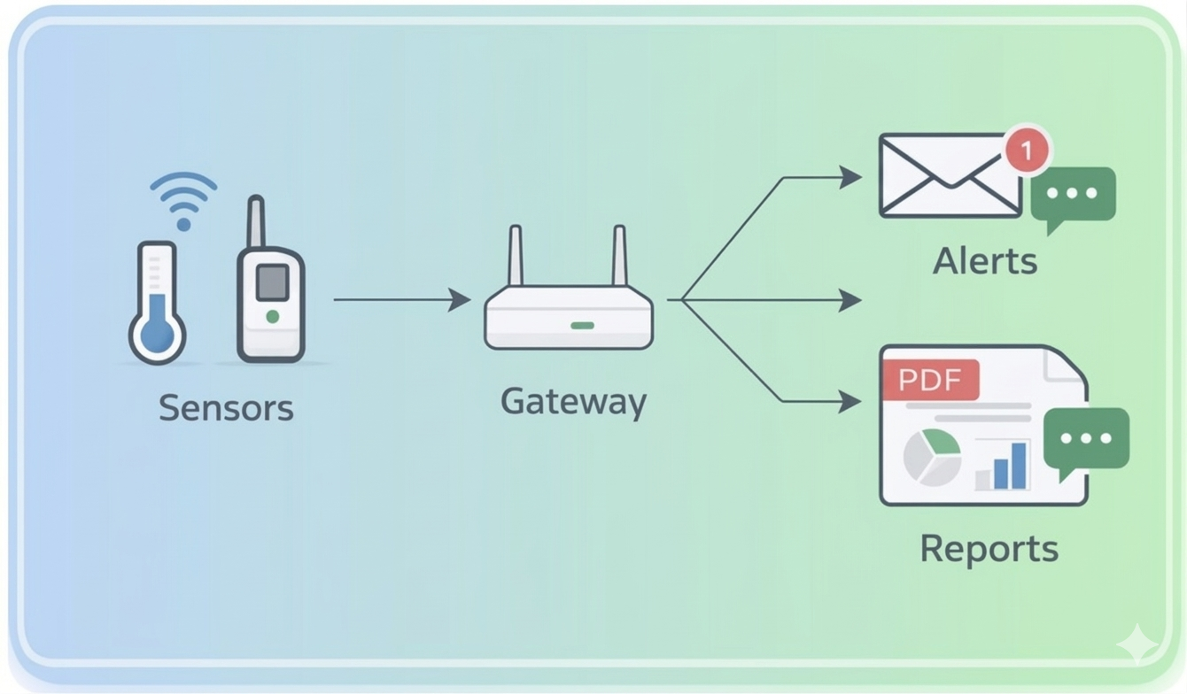 Low touch operation showing sensors, gateway, alerts and reports
