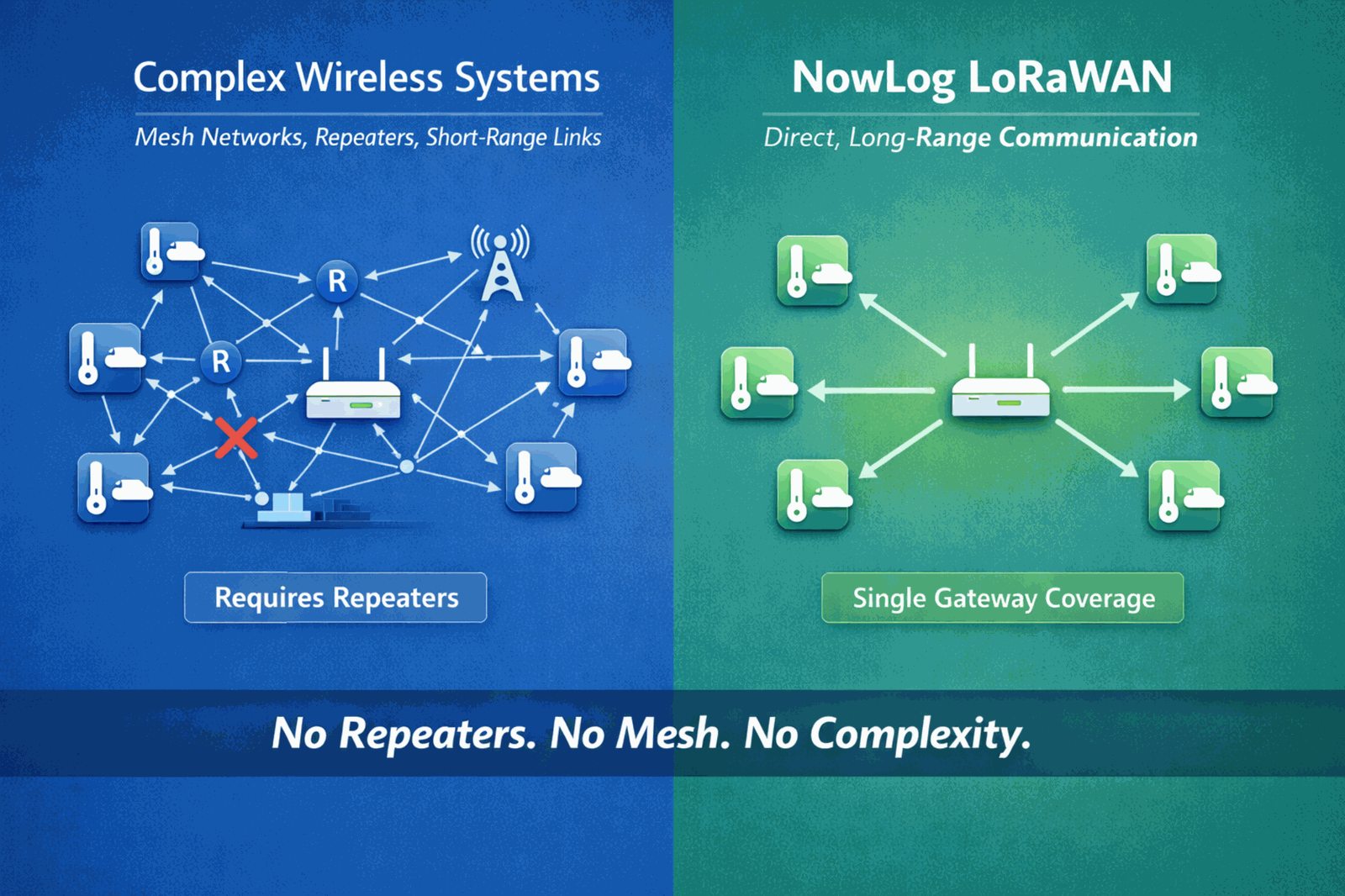 Comparison of complex wireless systems and NowLog LoRaWAN architecture